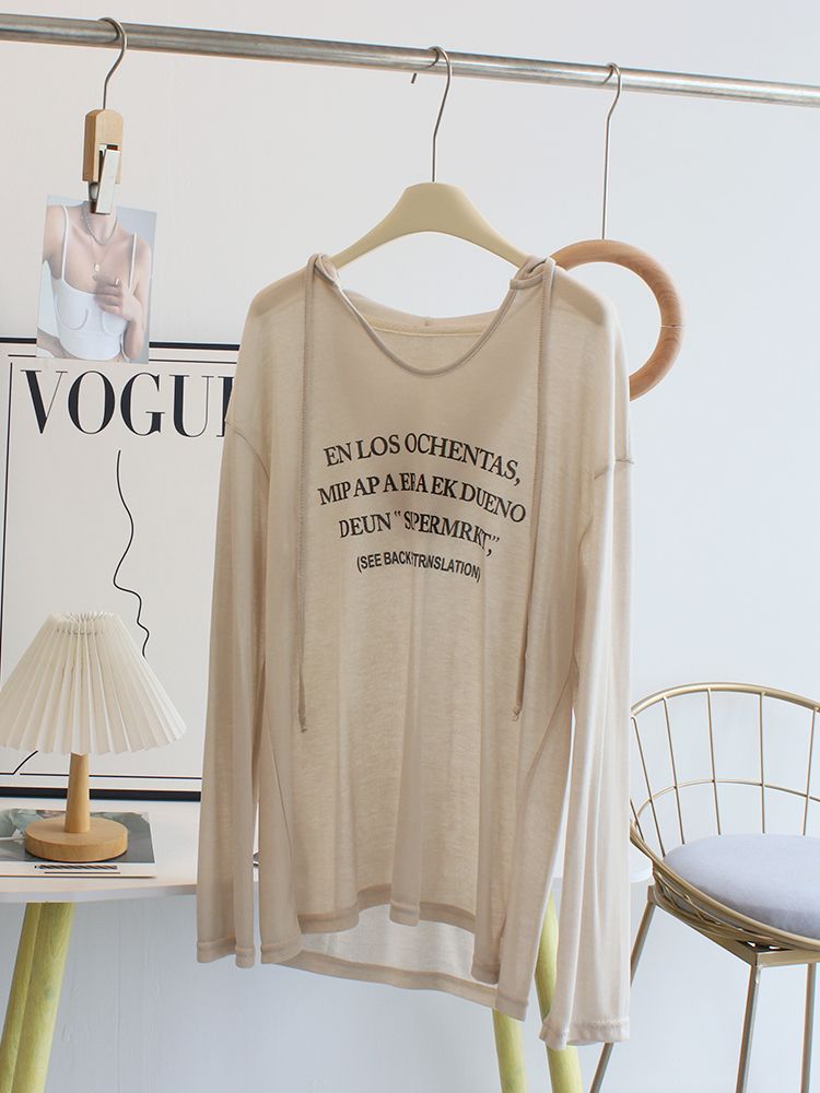 T-shirt ample à manches longues et imprimé fin, style coréen décontracté_voghion.com