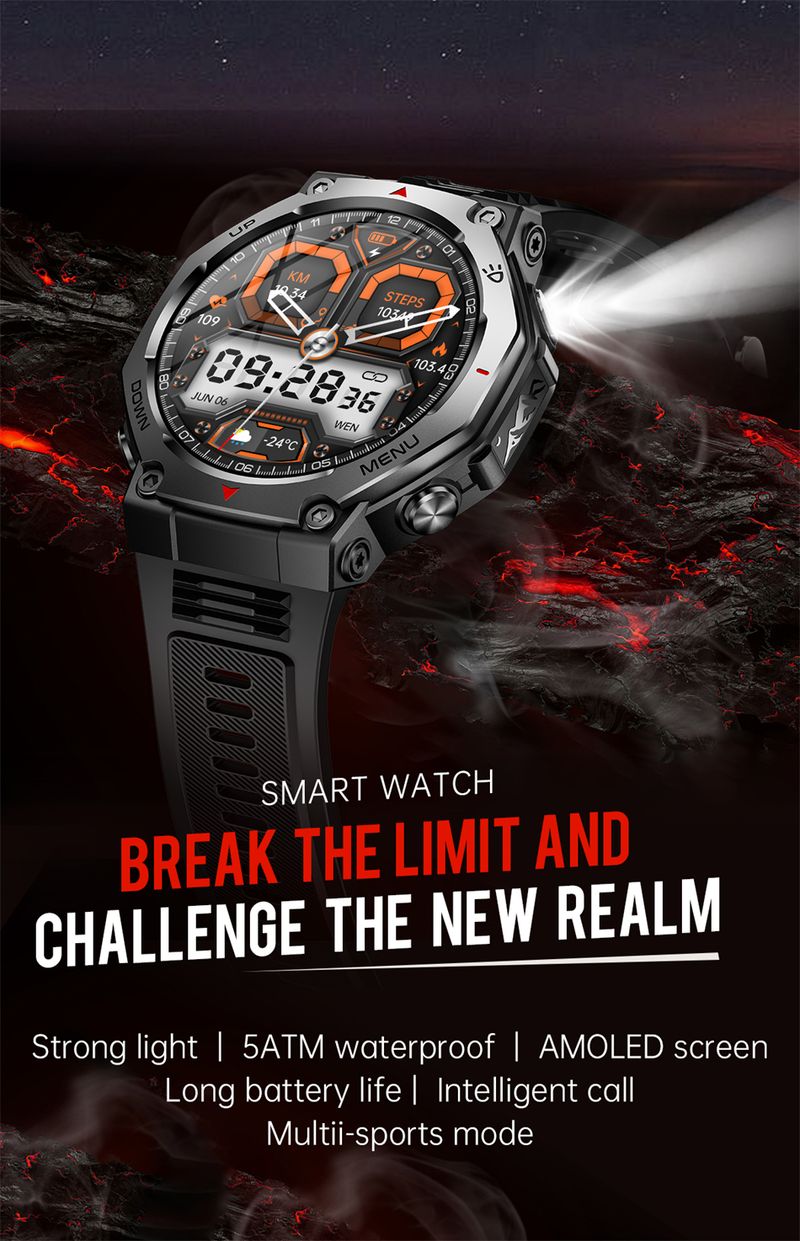 Orologio intelligente robusto per sport all'aria aperta KT85, display HD AMOLED da 1,43", batteria a lunga durata da 525 mAh, monitoraggio del fitness, calorie e distanza._voghion.com