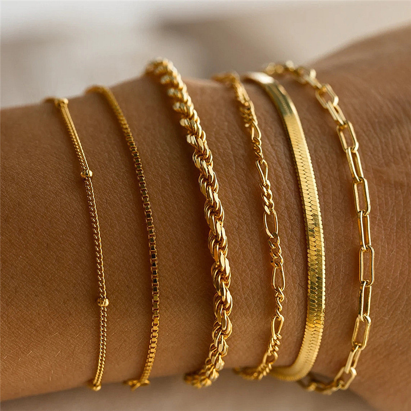 Conjunto de 6 pulseras minimalistas de cadena multicapa de metal artesanal de verano bohemio para mujer_voghion.com