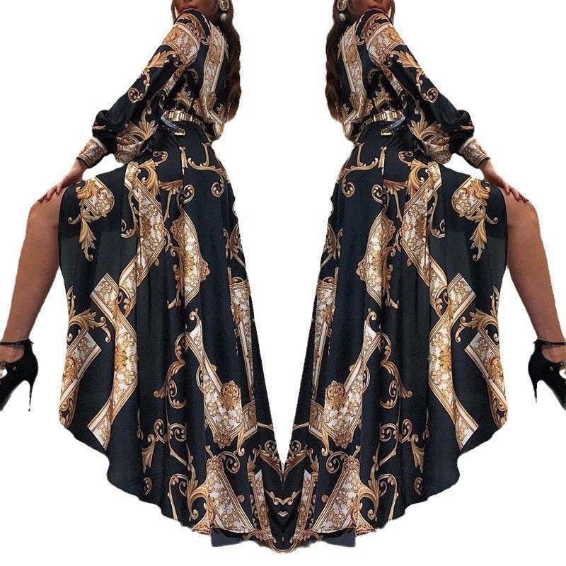 2025 Summer New Women's Palace Style Printed Sleeve Split Waist Long Dress_voghion.com