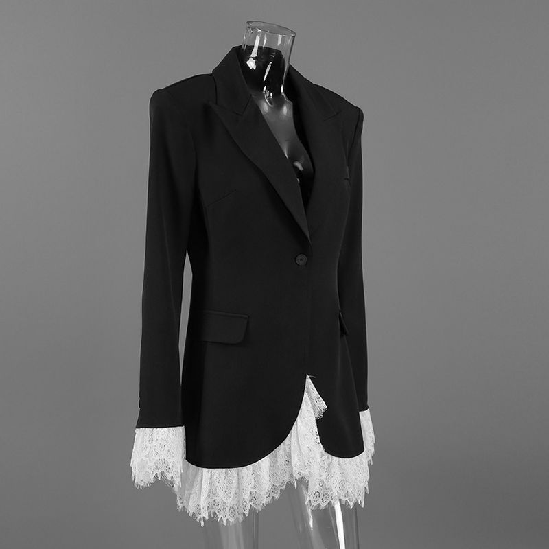 Blazer elegante con scollo a V per donna - Blazer oversize con rifiniture in pizzo nero, misto poliestere-spandex, abbigliamento da ufficio e da sera_voghion.com