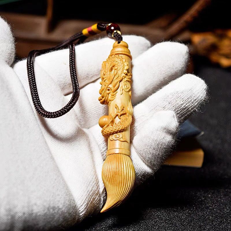 Small Leaf Boxwood Carving Coiled Dragon Gold List Name Calligraphy Brush Cultural Plaything Handheld Ornament Exam_voghion.com