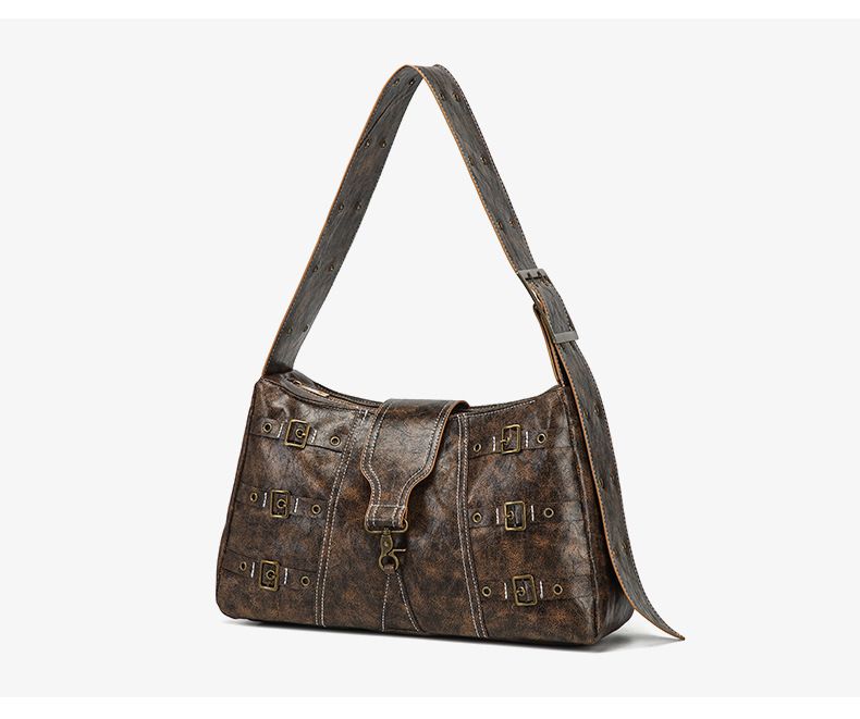 2025 New PU Leather Shoulder Bag Wide Strap Retro Large Capacity Heavy Metal Punk Vintage Tote Handbag_voghion.com