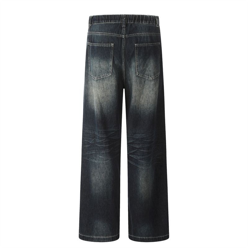 Drawstring Elastic Waist Jeans Washed White Straight Men's Street Style Loose Color Block Wide Leg Long Pants_voghion.com
