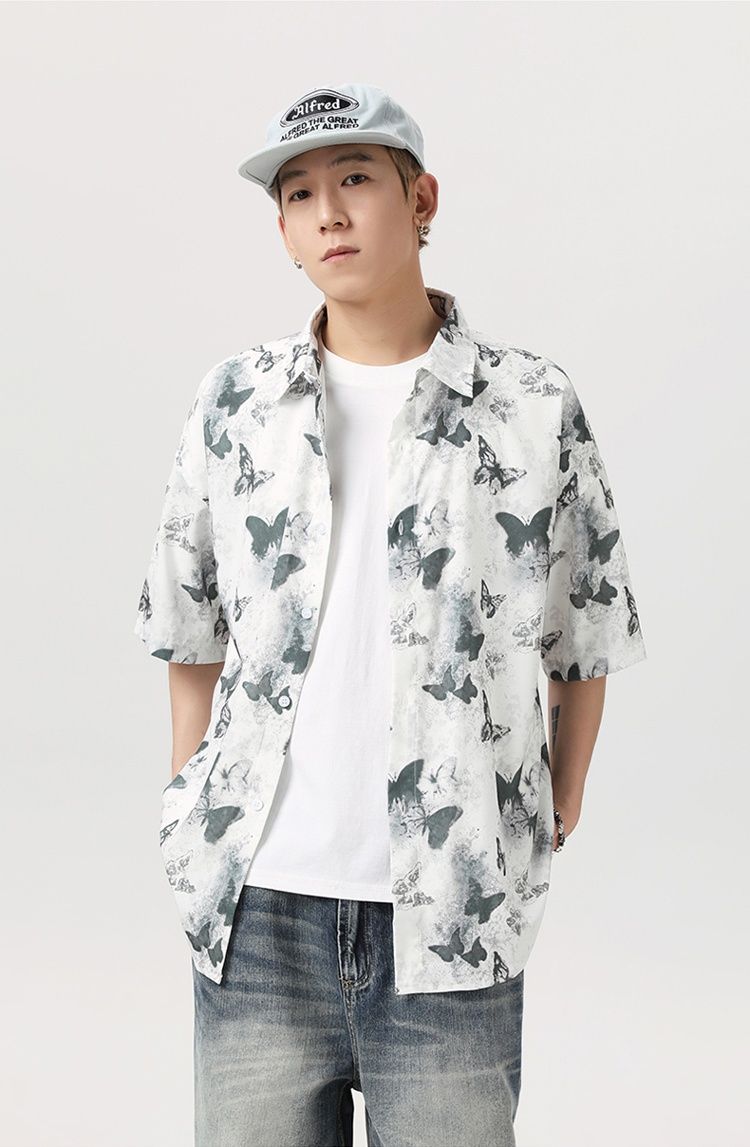 New product, Chinese ink butterfly tide brand loose and comfortable short-sleeved shirt_voghion.com