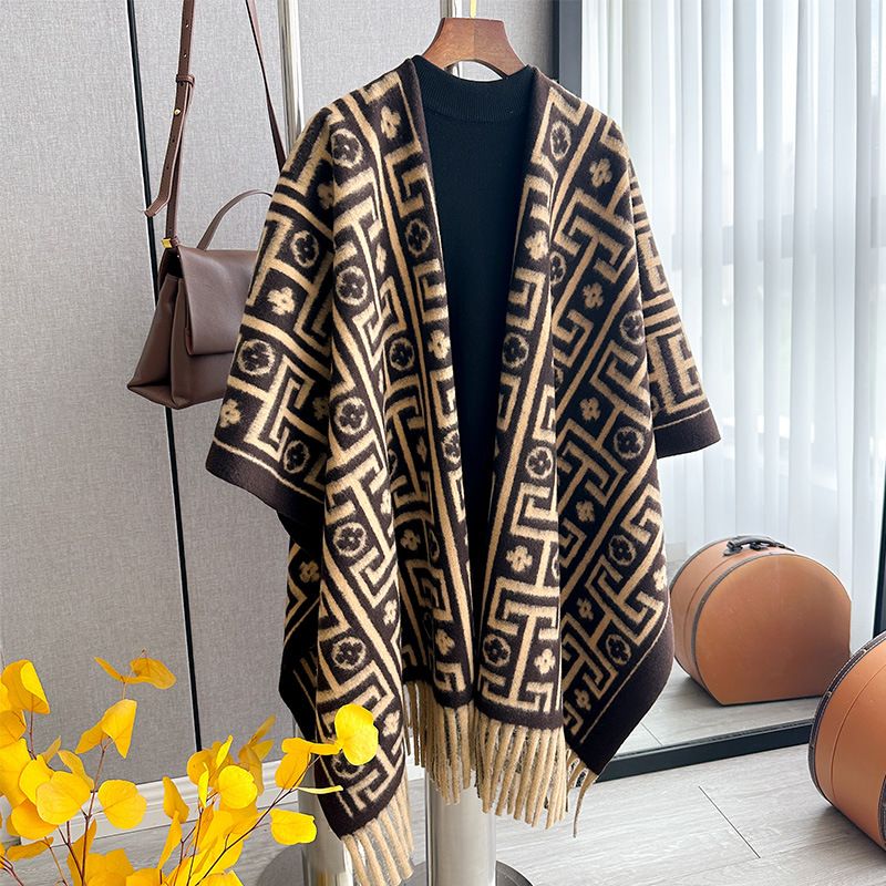 Schal, neuer Herbst- und Winterschal aus Kaschmir in verschiedenen Stilen mit Quaste, großes Gitter, Jacquard-Umhangschal für Damen_voghion.com