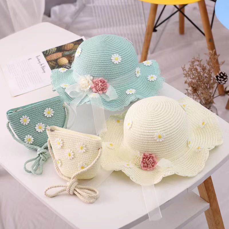 Vendita calda ragazze cappello di paglia per bambini estate spiaggia cappelli pieghevoli set carino berretto floscio misura regolabile con cinturino sotto il mento per 5-10 anni_voghion.com