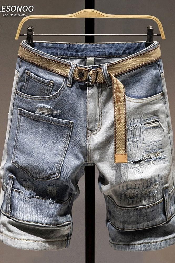 Herrenbekleidung Stylische Jeans-Shorts – Sommerliche, lässige Cargo-Shorts im Used-Look im Patchwork-Stil mit mehreren Taschen, bis zur Mitte des Oberschenkels, Hellblau_voghion.com