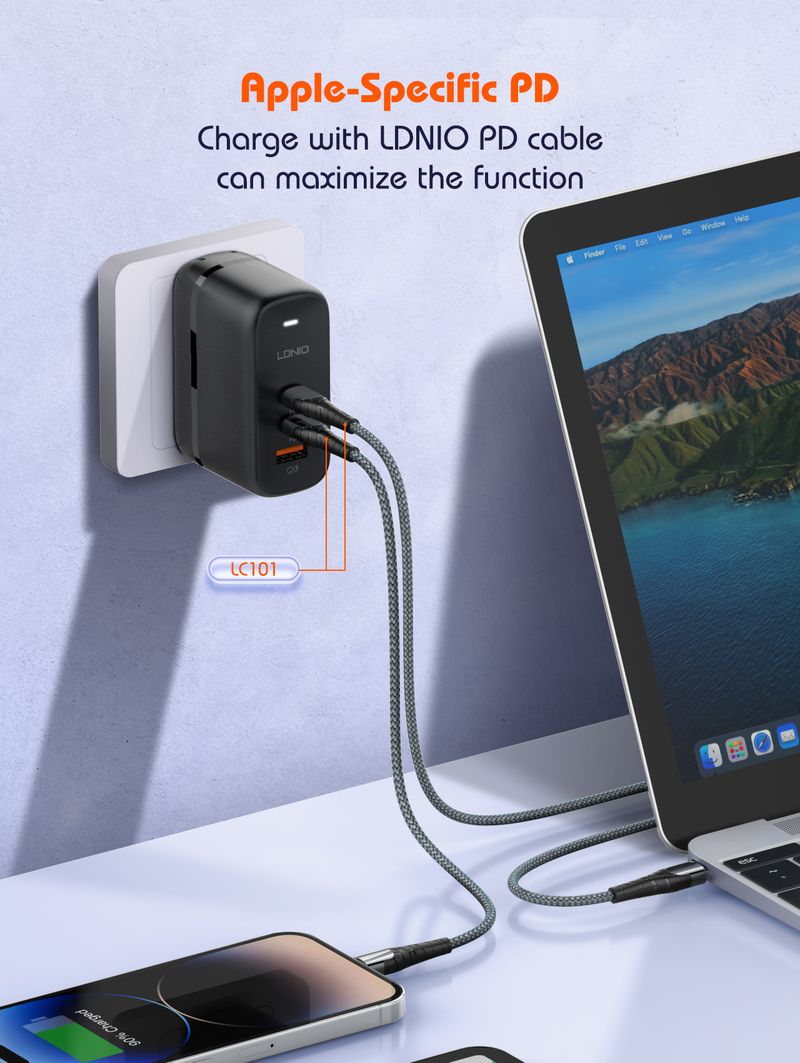 65W USB C GaN Charger With 3 Ports International EU UK US AU Travel Plug Adapter Power Cord_voghion.com