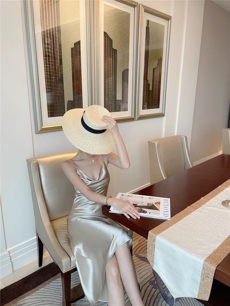 Summer New High-end Acetic Acid Swing Collar Camisole Dress With French Satin Glossy Drape Design_voghion.com