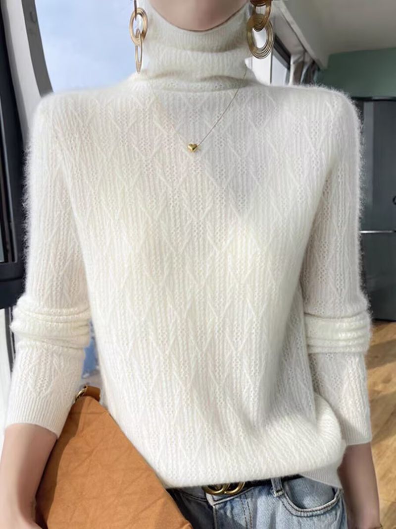 Half high neck diamond grid casual Korean version 2024 autumn and winter new hollow out feminine versatile woolen_voghion.com