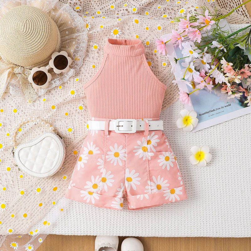 Kannerkleeder Nei Summer Meedercher Kostümer Kleng a Mëttel Kanner Einfarweg Halter Neck Top + Bedruckte Shorts + Rimm_voghion.com