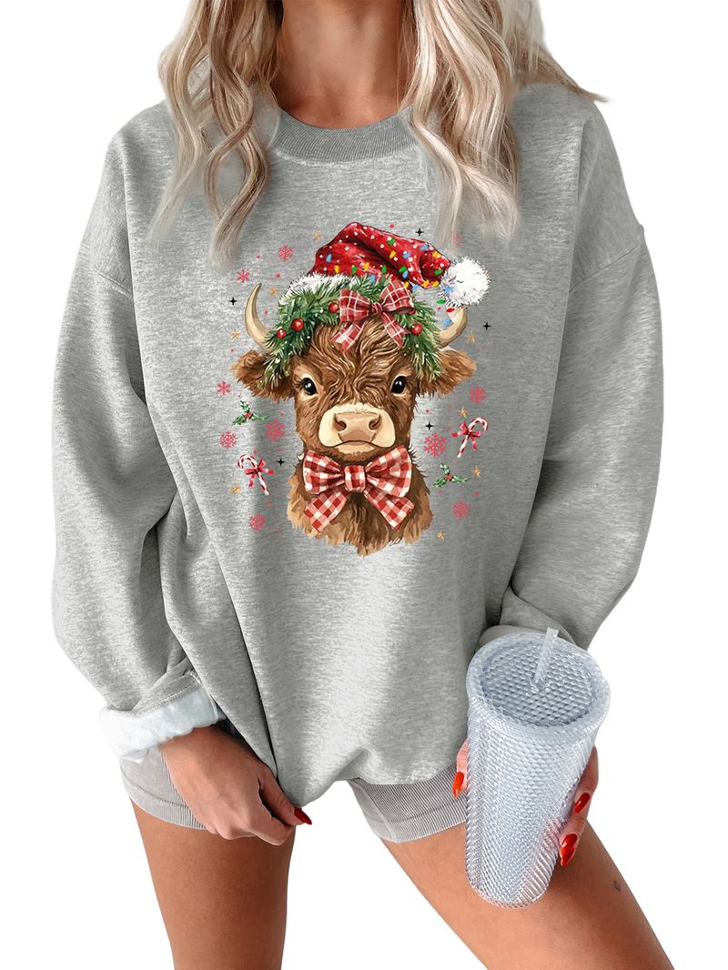Cute And Fun Women's Christmas Cow Print Thickened Warm Sweatshirt Base Shirt_voghion.com