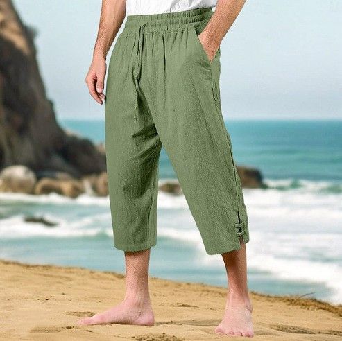 Pantaloni da uomo in cotone e lino, estivi, casual, da spiaggia, con coulisse in vita, elastici, comodi e traspiranti, a gamba dritta_voghion.com