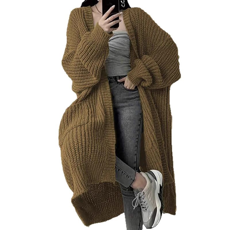 Oversized Longline Knit Cardigan For Women – Cozy Open-Front Sweater Coat With Extra Length, Thick Acrylic Blend For Autumn & Winter_voghion.com