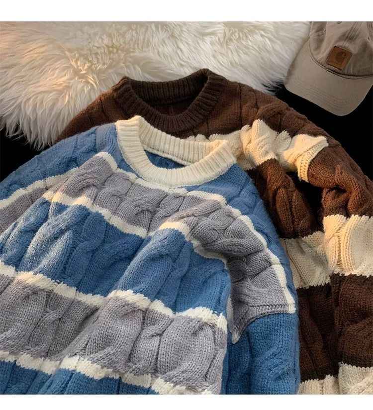 Gestreepte gebreide herentrui – dikke trui met ronde hals van katoenmix (bruin/blauw/zwart, M-XXXL)_voghion.com