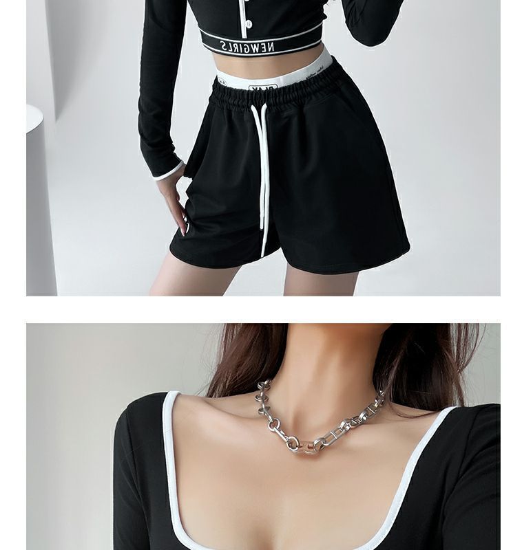 【】Letter elastischer Saum Farbblockbesatz Langarm Quadratischer Ausschnitt Slim Fit Schlankmachendes Hot Girl Top_voghion.com