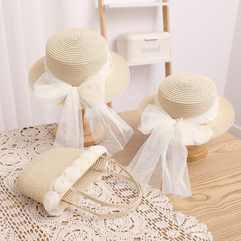 Kleine frische Kinderspitze Perlenband Strohtasche Sommer Neues Produkt Unsterblicher Qi Eltern-Kind-Sonnenschirm Big Eaf Flat_voghion.com