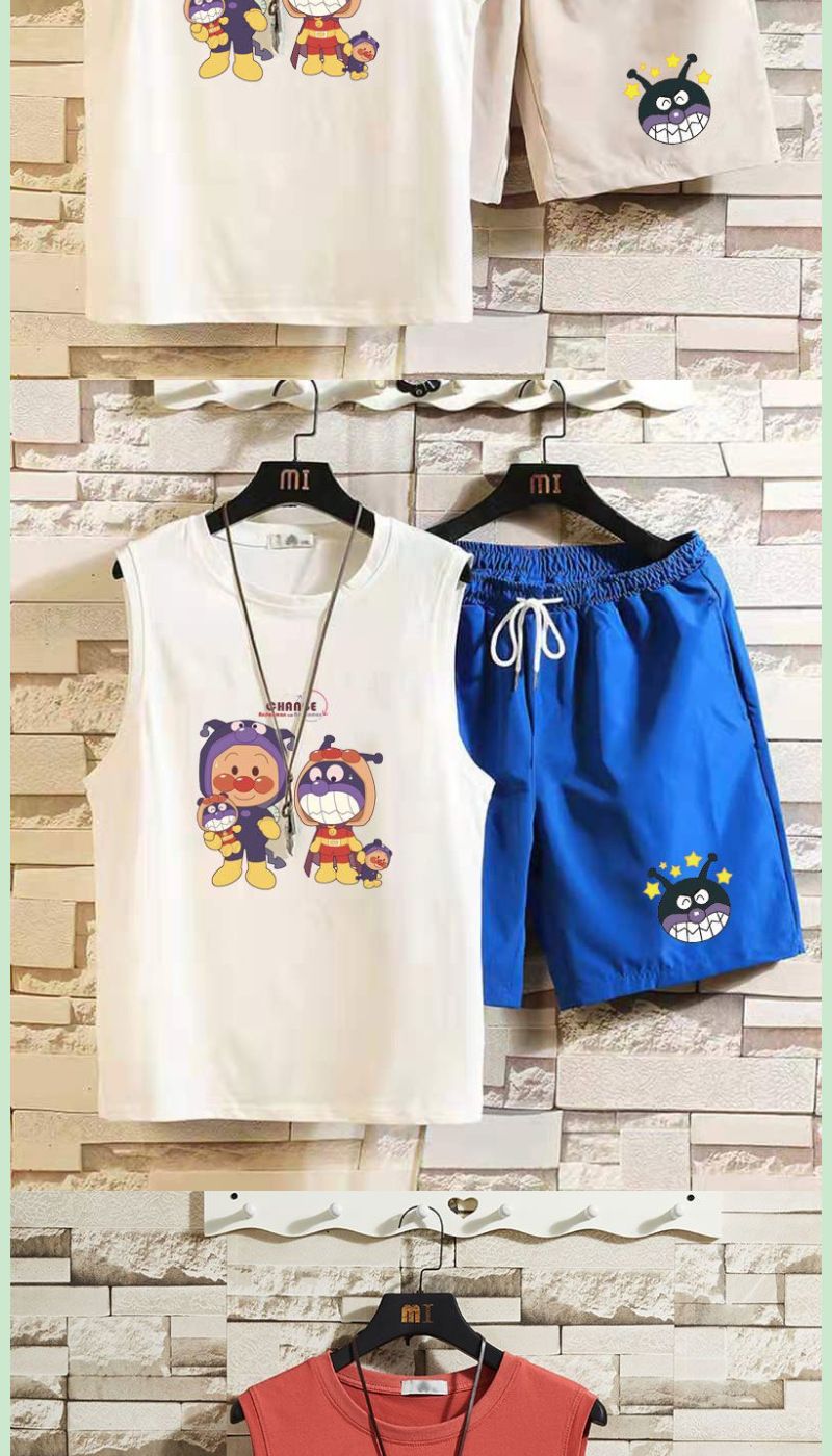 Top Set: Superman Sleeveless Men's Summer Vest, Shoulder T-shirt, Casual Sports Five Part Pants, Two Piece Set, 12_voghion.com