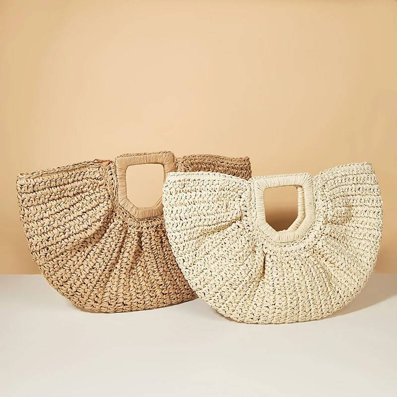 Borsa tote shopper di grande capacità in rattan della Boemia Borsa da donna in vimini intrecciata firmata Moon Borsa a tracolla in paglia da spiaggia estiva_voghion.com