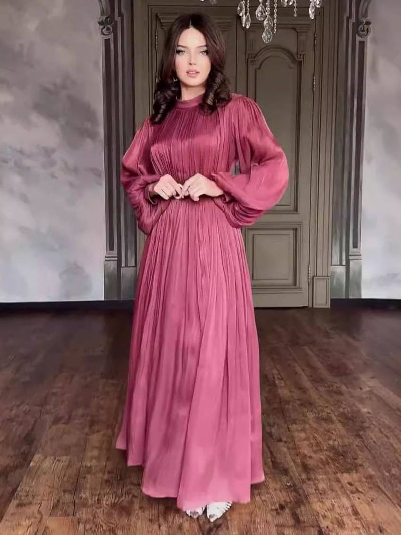 Musulmano Celebrità Stesso Stile Moda Girocollo Organza Maniche a Lanterna Maniche Lunghe Modifica Corpo Retro Vintage_voghion.com