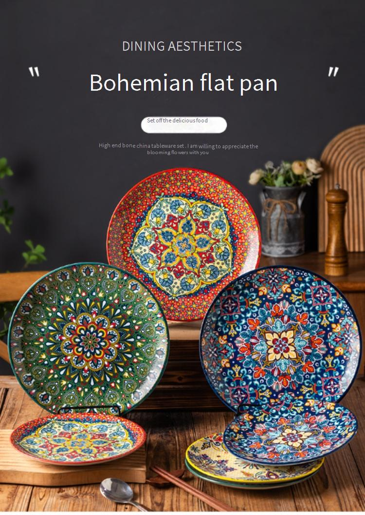 Bohemian Ceramic Dinner Plate Set - Elegant 10.5" Floral Plates For Steak/Pasta/Salad_voghion.com