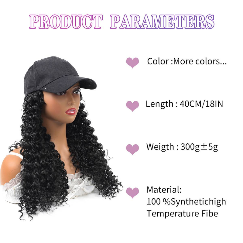 18 Zoll Hutperücke, Hut mit befestigten Haaren für Frauen, schwarze Baseballkappe mit Haarverlängerungen, lange gewellte Baseballkappenperücke, verstellbare Hüte für den Alltag_voghion.com
