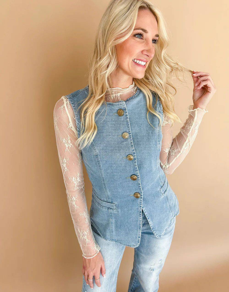 Gilet en jean classique pour femme – Veste légère sans manches pour superposer printemps-été_voghion.com