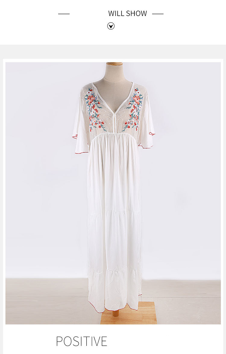 Elegant V-Net Embroidered Beach Cover-Up Dress - Lightweight Cotton Sheer Summer Tunic For Swimwear & Vacation_voghion.com