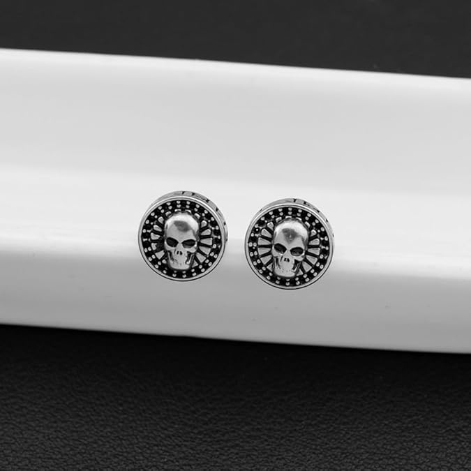 Stainless Steel Skull Round Circle Stud Earrings Gothic Skeleton Earrings_voghion.com