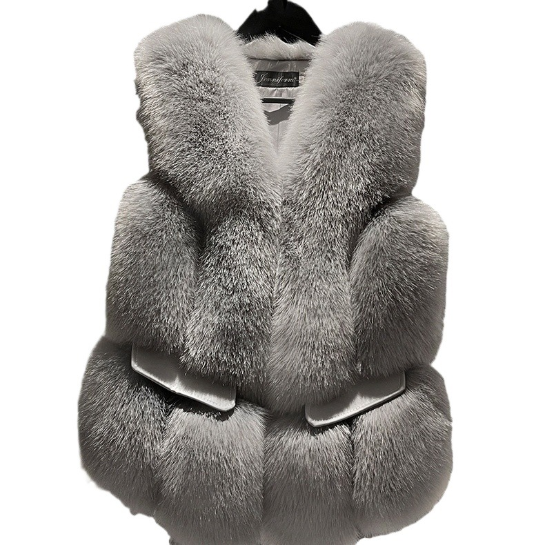 Damen-Weste aus Kunstfuchspelz – Trendige ärmellose Pufferjacke (Opaleszierend/Grau-Schwarz/Apricot/Asahi, S-XL)_voghion.com