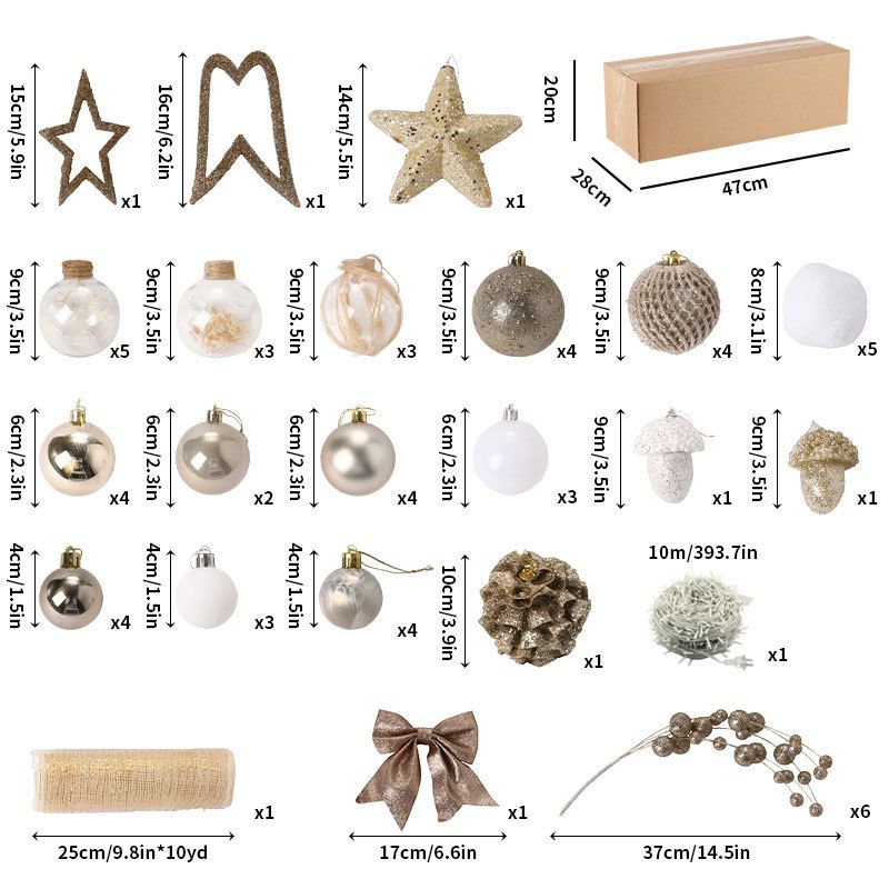Christmas Premium LED Ribbon Tree Decorations Set - Champagne Gold & Blue Frosted Ornaments With Foam Twigs Elegant Holiday Decor For Home & Party_voghion.com