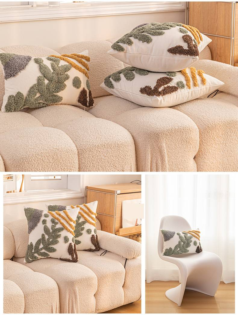 Minimalistischer getufteter Kissenbezug – Kissenhülle mit botanischem Blattdesign für Sofa, Bett und Auto (Polyester-Baumwoll-Mischgewebe, inklusive Einsatz aus PP-Baumwolle)_voghion.com