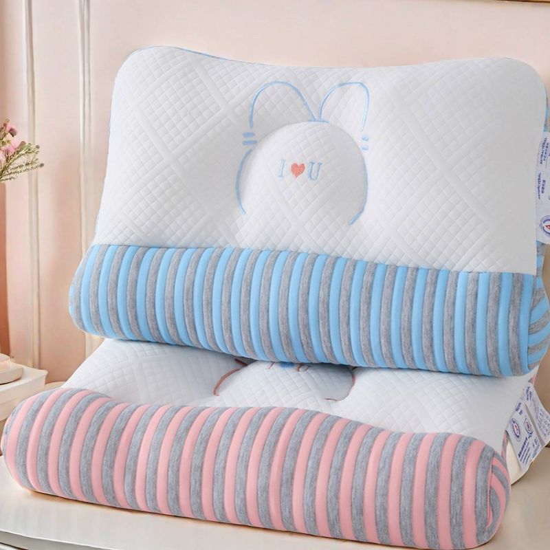 Cuscino ortopedico a orecchie di coniglio – Altezza regolabile (5-10 cm), fibra di poliestere traspirante, supporto cervicale per alleviare il dolore al collo (rosa/blu)_voghion.com