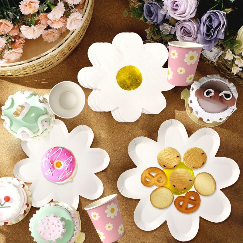 Elegant White Sunflower Disposable Party Tableware Set - 20pcs Floral Paper Plates, Cups, Napkins For Wedding, Birthday, Baby Shower Decorations_voghion.com