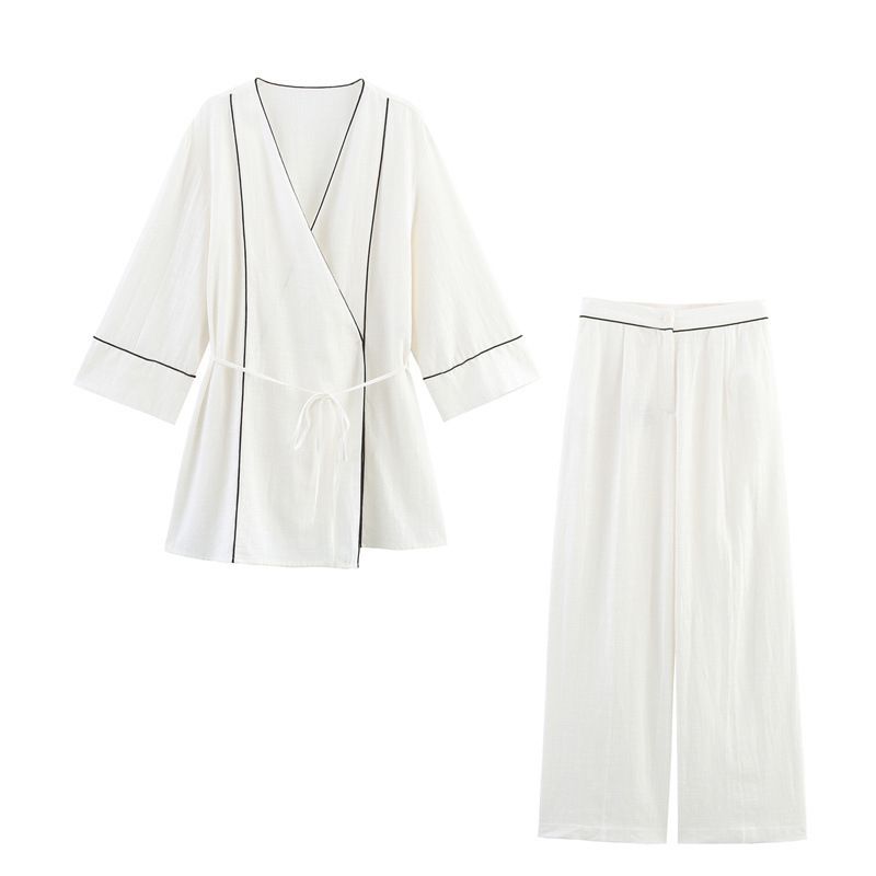 Women's Clothing Summer Fashion Casual Piping Double Breasted Jacket Wide Leg Pants_voghion.com
