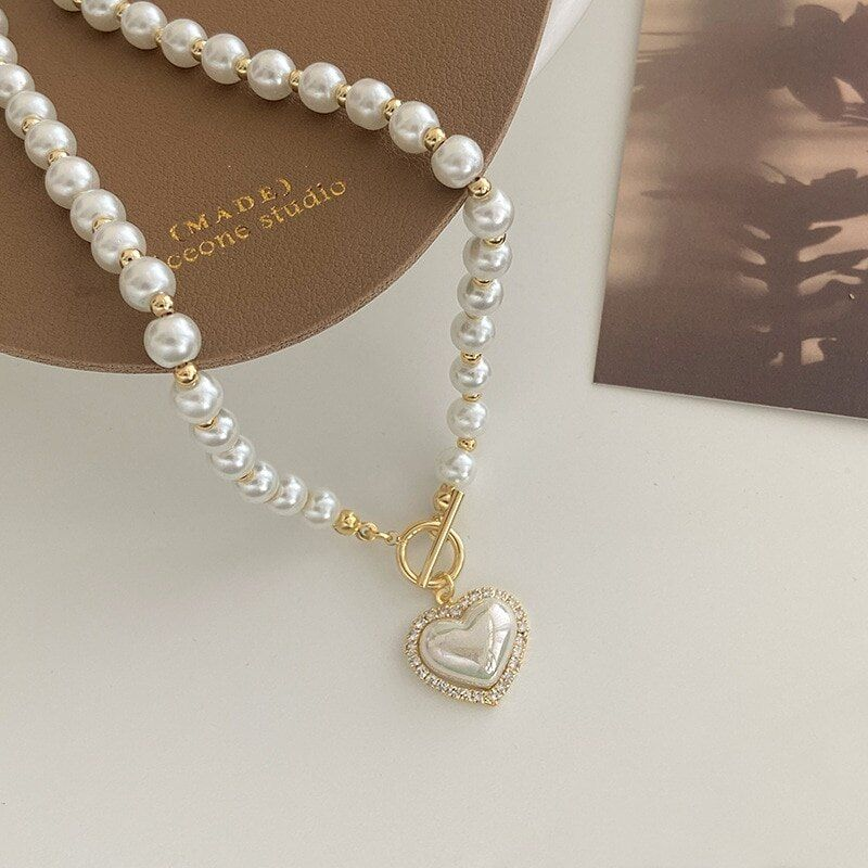 Valkoinen jäljitelmähelmi helmi naisten kristalli kivi sydän riipus söpö tyttö korut kaulakoru Collier Femme_voghion.com