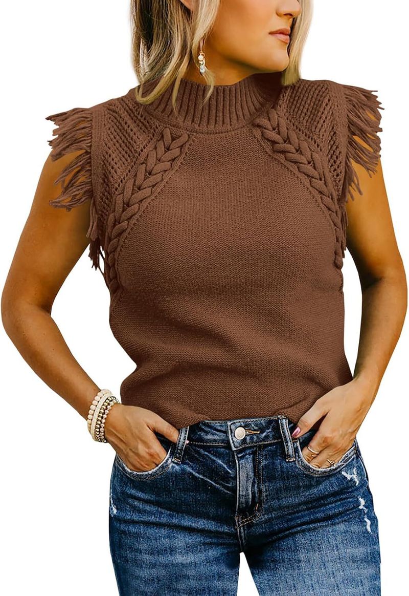 Damenbekleidung Damen Wolloberteile Lässige gestrickte ärmellose Pulloverweste_voghion.com