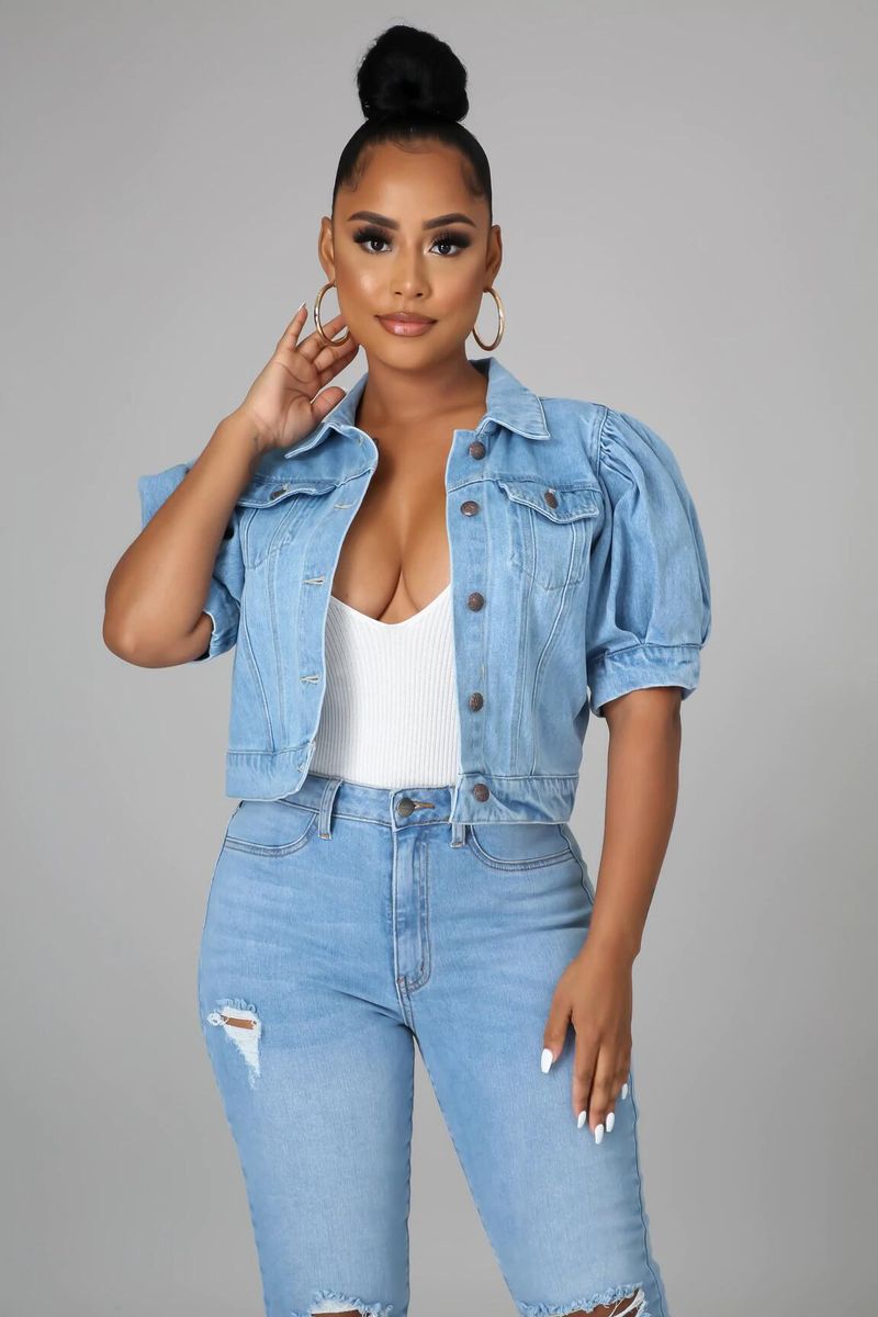 Jachetă din denim pentru femei, vânzare fierbinte, denim, mânecă scurtă, modă, retro, din denim, îmbrăcăminte exterioară_voghion.com