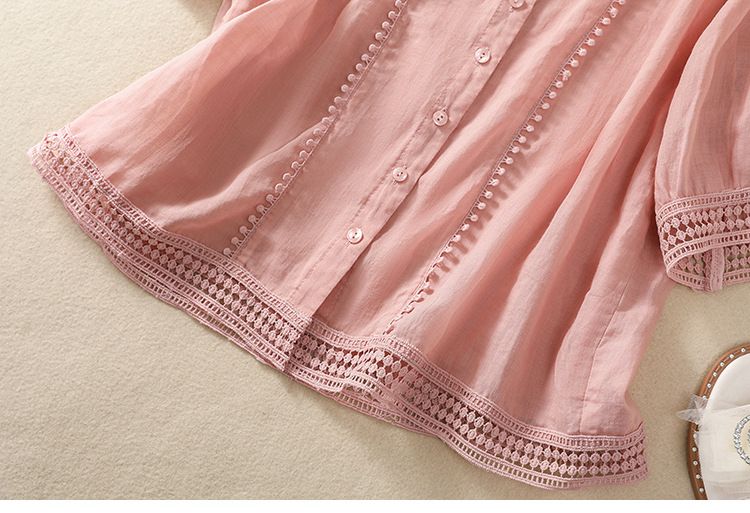 Camicia vintage da donna in cotone e lino, tinta unita, con gancio e fiori_voghion.com