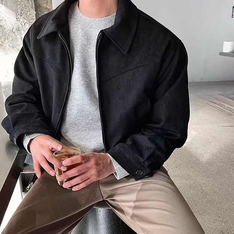 Retro Vintage Short Sleeve Jacket Men's Fashion Zip-Up Stand Collar Coat Slim Fit Casual Outerwear (Black/Brown, Stripe/Solid)_voghion.com