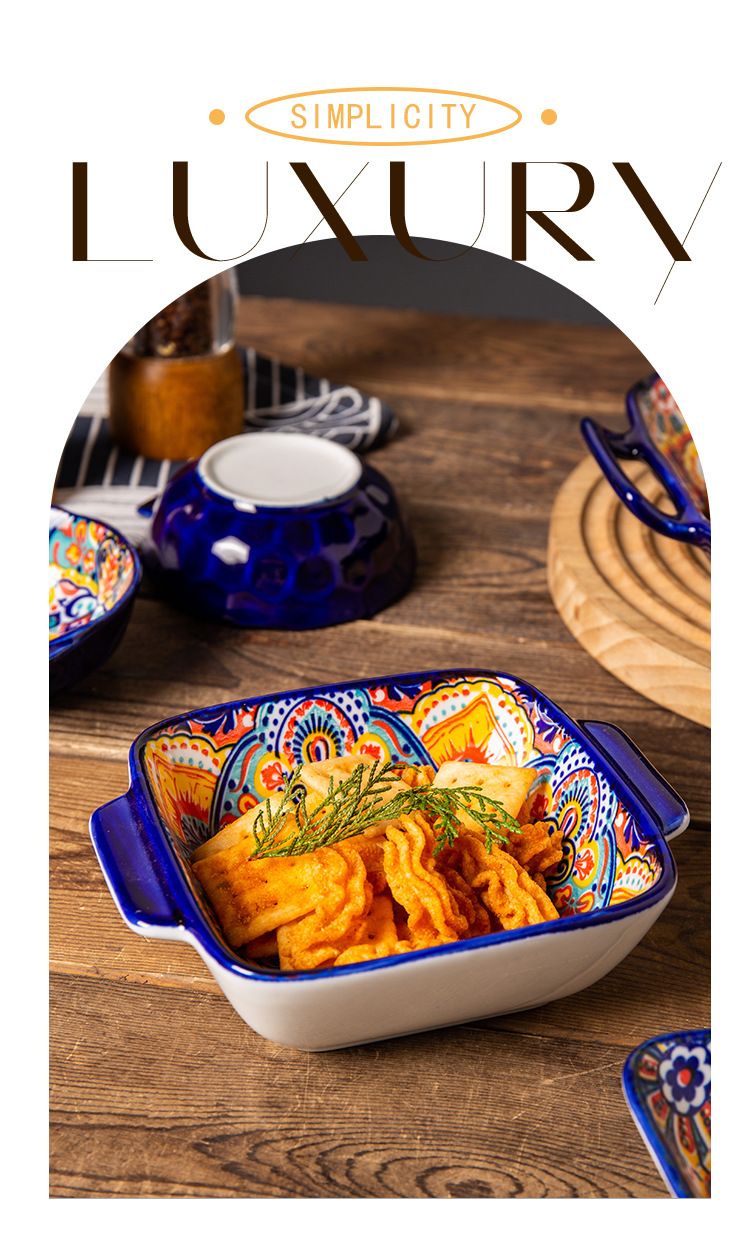 Bohemian Ceramic Dinnerware Set - Underglaze Hand-Painted Bowls & Plates With Handles Vintage Style For Home & Restaurant_voghion.com