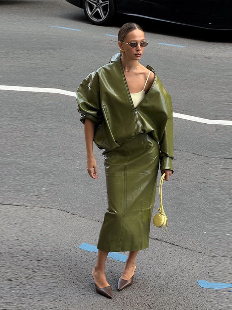 Hochglänzendes PU-Lederjacken- und Rockset, Stehkragen-Biker-Outfit mit Reißverschluss, Streetwear-Zweiteiler (Rot/Grün/Braun, S/M/L)_voghion.com