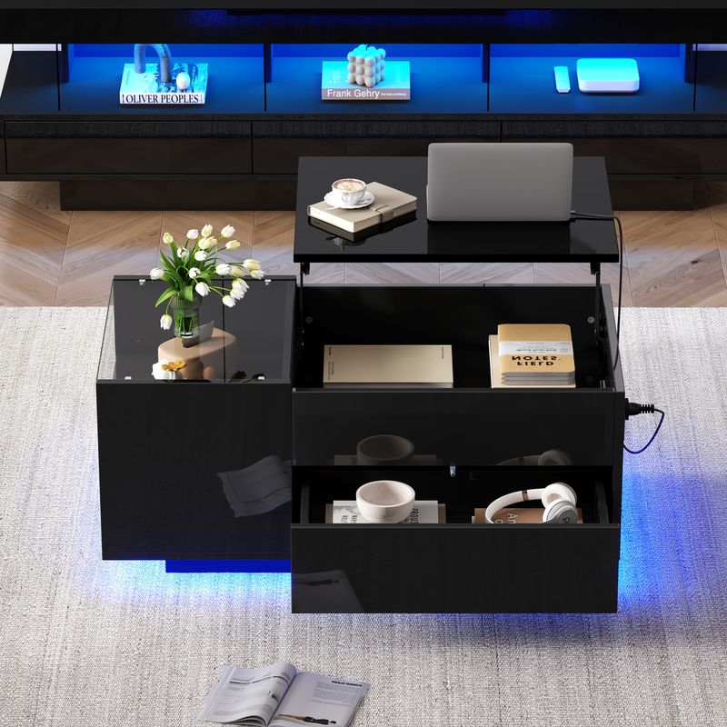 Table basse réglable en hauteur 95 x 48 x 42 cm avec rangement dissimulé, éclairage LED, tiroir et prise de courant - Table d'appoint de salon noire_voghion.com