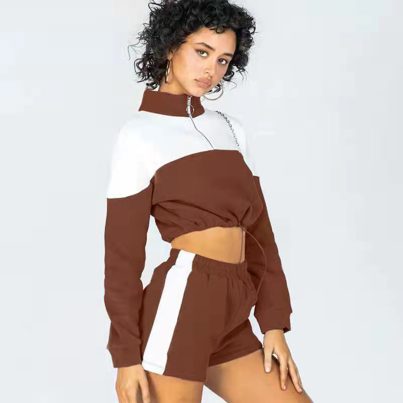 Women's Clothing color-blocked drawstring casual shorts women's sweatshirt set two-piece set_voghion.com