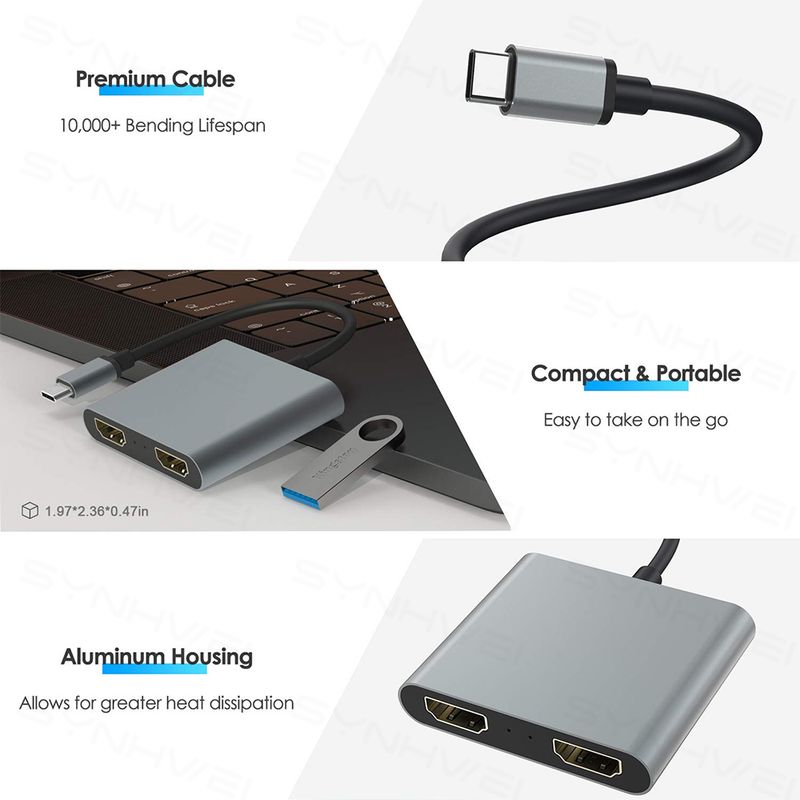 Hub USB C a 2 porte per doppia espansione HDMI-4K 60HZ a doppio schermo, stazione di docking di tipo C per Macbook, laptop, telefono cellulare, PC_voghion.com