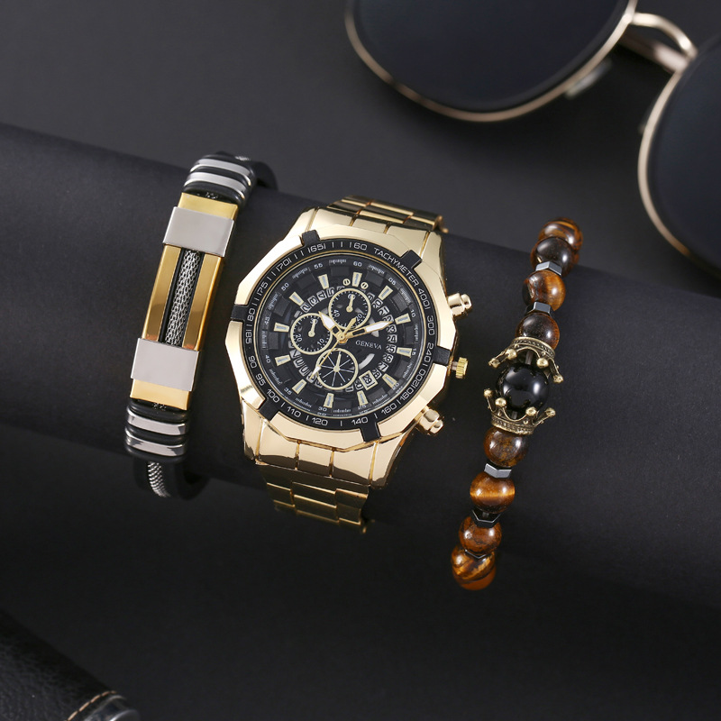 Men's Watches Non Mechanical Watch Set Men's Fashion Casual Steel Band Quartz Watch + Versatile Bracelet 3pcs/set_voghion.com