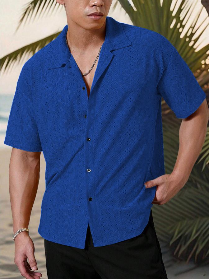 Spring And Summer Men's Short Sleeved Versatile Hollow Jacquard Casual Shirt_voghion.com