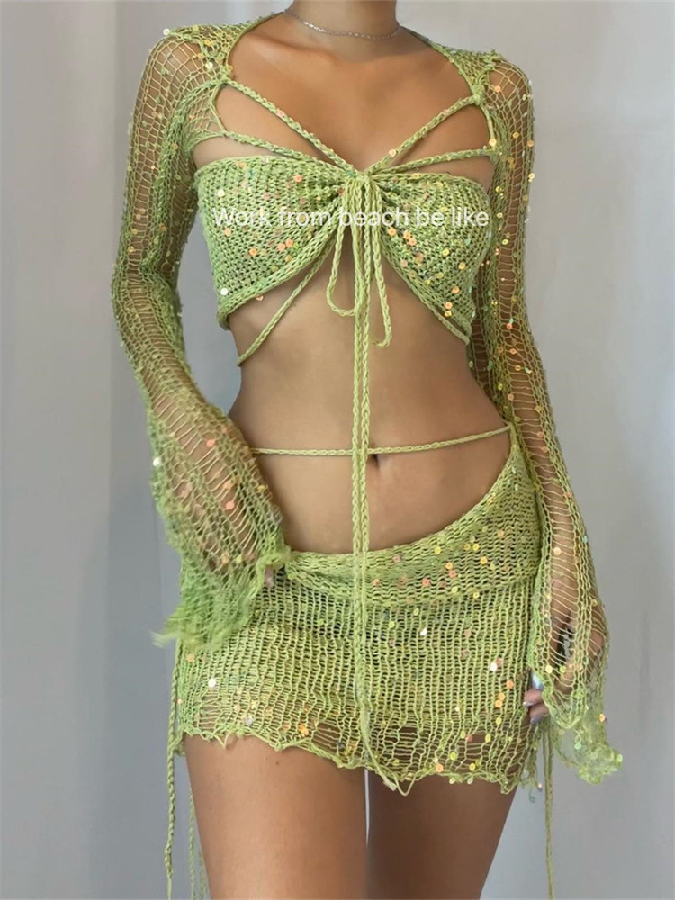 Damenbekleidung Mode Langarm Wollkurzer Rock Nabel freiliegendes T-Shirt Dreiteiliges Set_voghion.com