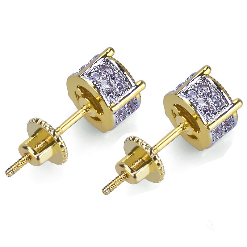 Orecchini da donna in stile hip hop con zirconi cubici rotondi e parte posteriore in argento 925, design bicolore per uomo e donna._voghion.com